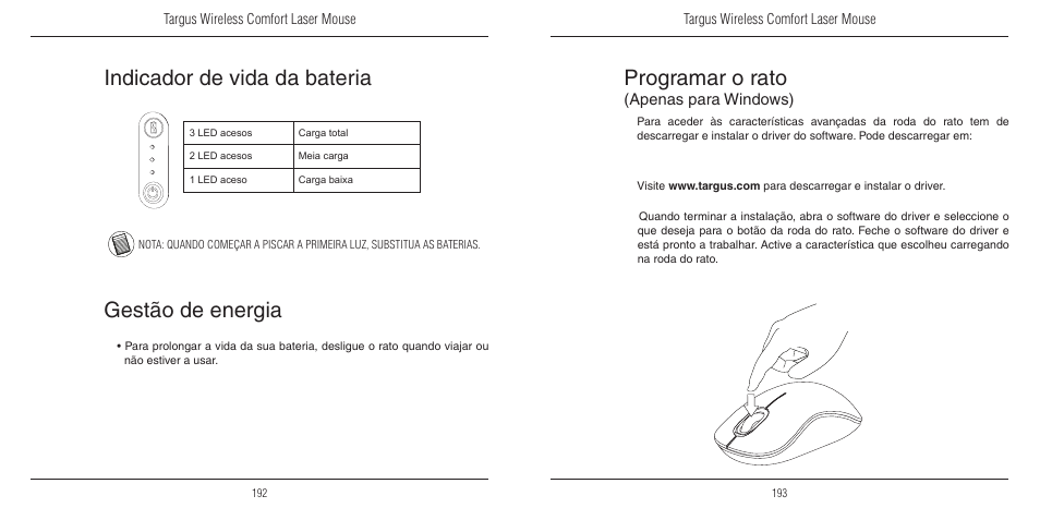 Programar o rato, Indicador de vida da bateria, Gestão de energia | Apenas para windows) | TOA Electronics 410-1689-203A/AMW51EU User Manual | Page 98 / 134