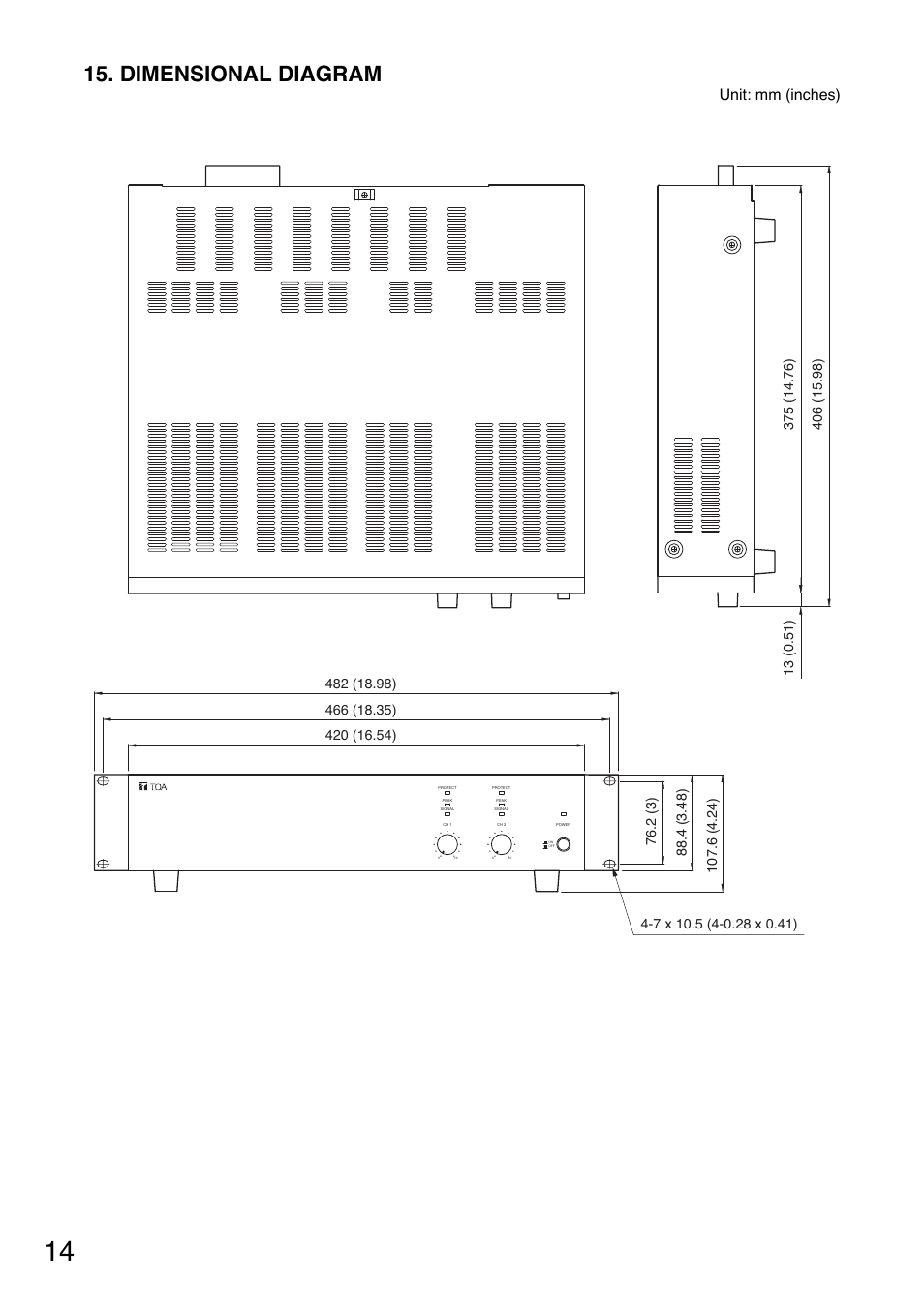 Dimensional diagram, Unit: mm (inches) | TOA Electronics P-9060DH User Manual | Page 14 / 16