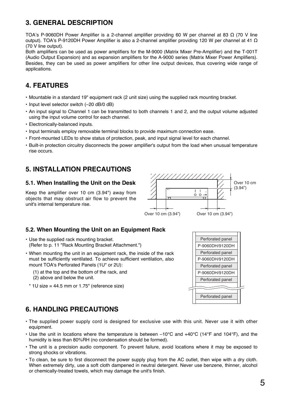 General description, Features, Installation precautions | Handling precautions | TOA Electronics P-9060DH User Manual | Page 5 / 16