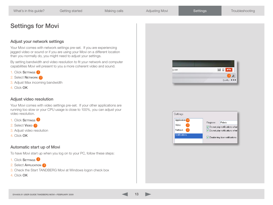 Settings for movi, Adjust your network settings, Adjust video resolution | Automatic start up of movi | TOA Electronics MOVI D14409.01 User Manual | Page 13 / 17