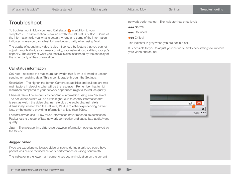 Troubleshoot, Call status information, Jagged video | Call status information jagged video | TOA Electronics MOVI D14409.01 User Manual | Page 15 / 17