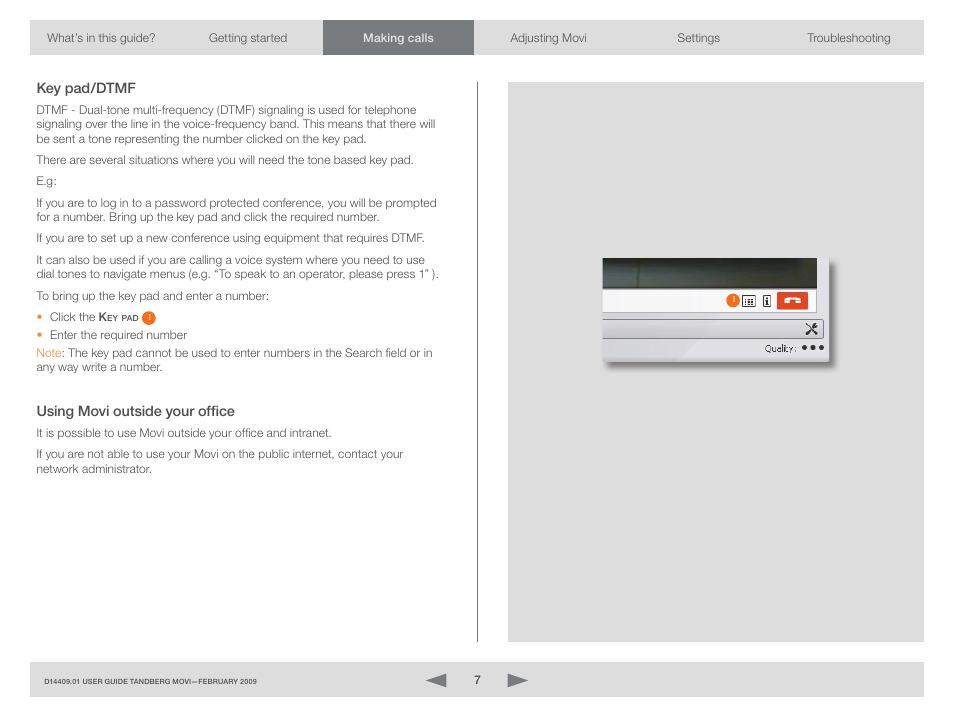 Key pad/dtmf, Using movi outside your office, Key pad/dtmf using movi outside your office | TOA Electronics MOVI D14409.01 User Manual | Page 7 / 17