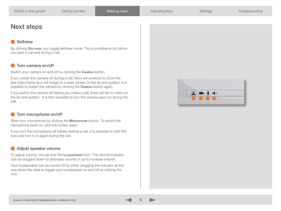 Next steps, Selfview, Turn camera on/off | Turn microphone on/off, Adjust speaker volume | TOA Electronics MOVI D14409.01 User Manual | Page 8 / 17