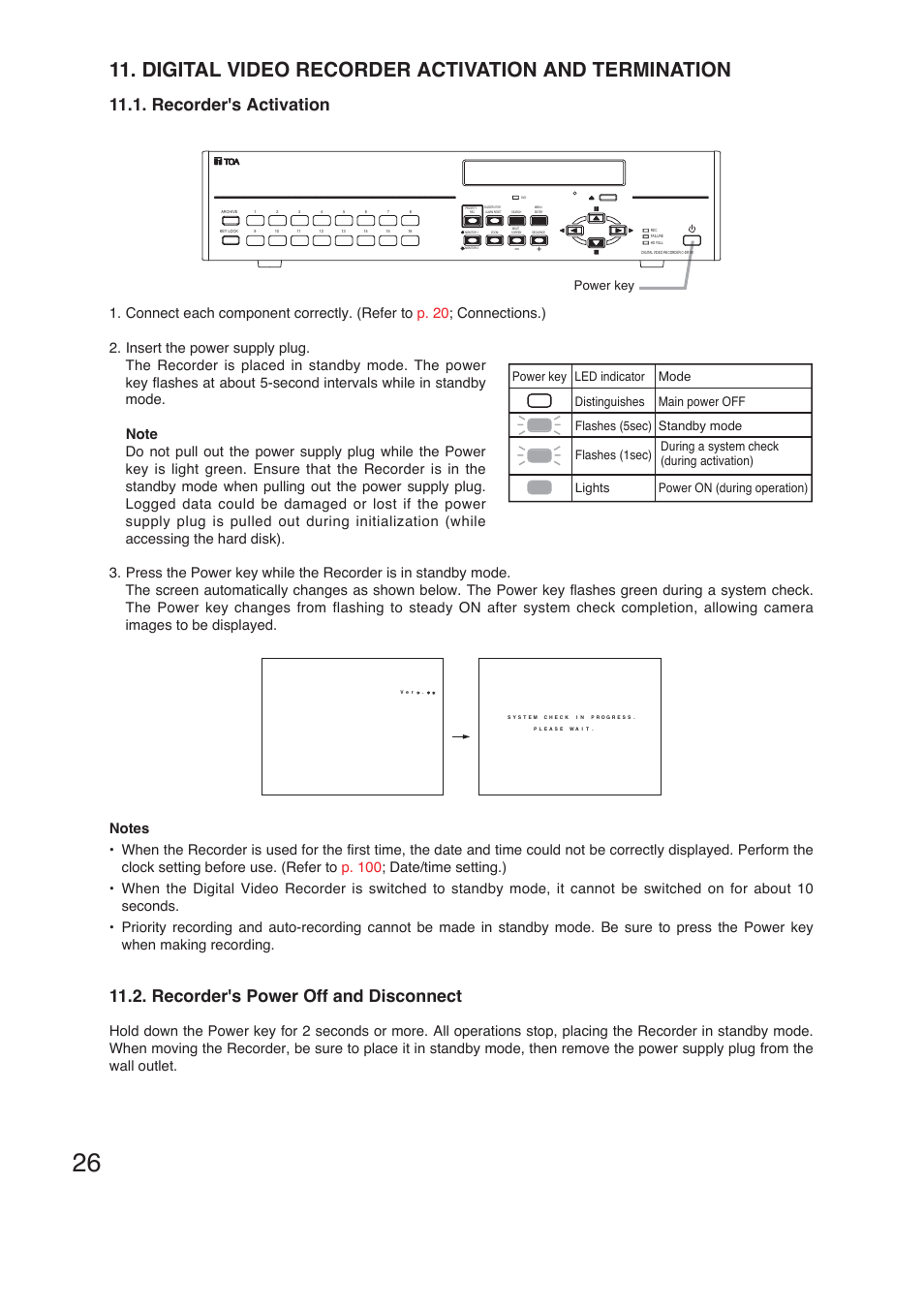 Digital video recorder activation and termination, Recorder's power off and disconnect, Recorder's activation | TOA Electronics C-DR161 CU Series User Manual | Page 26 / 130