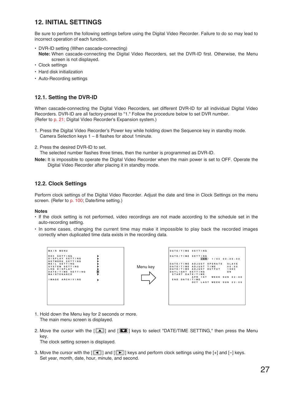 Initial settings, Clock settings, Setting the dvr-id | Menu key | TOA Electronics C-DR161 CU Series User Manual | Page 27 / 130