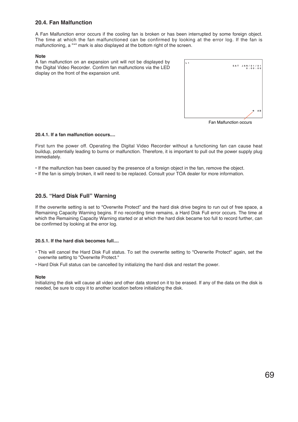 Fan malfunction, “hard disk full” warning | TOA Electronics C-DR161 CU Series User Manual | Page 69 / 130