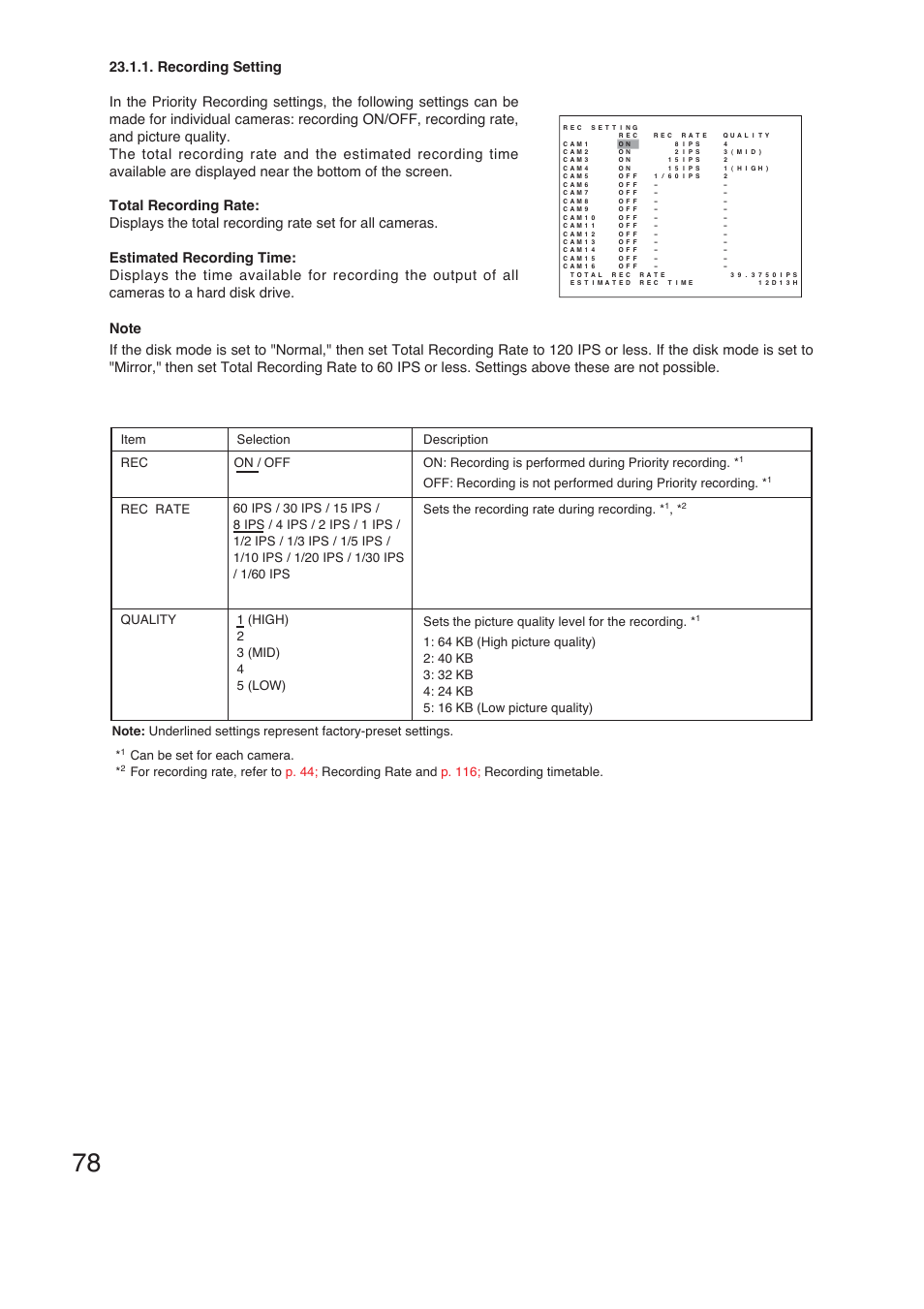 Sets the picture quality level for the recording, Can be set for each camera | TOA Electronics C-DR161 CU Series User Manual | Page 78 / 130