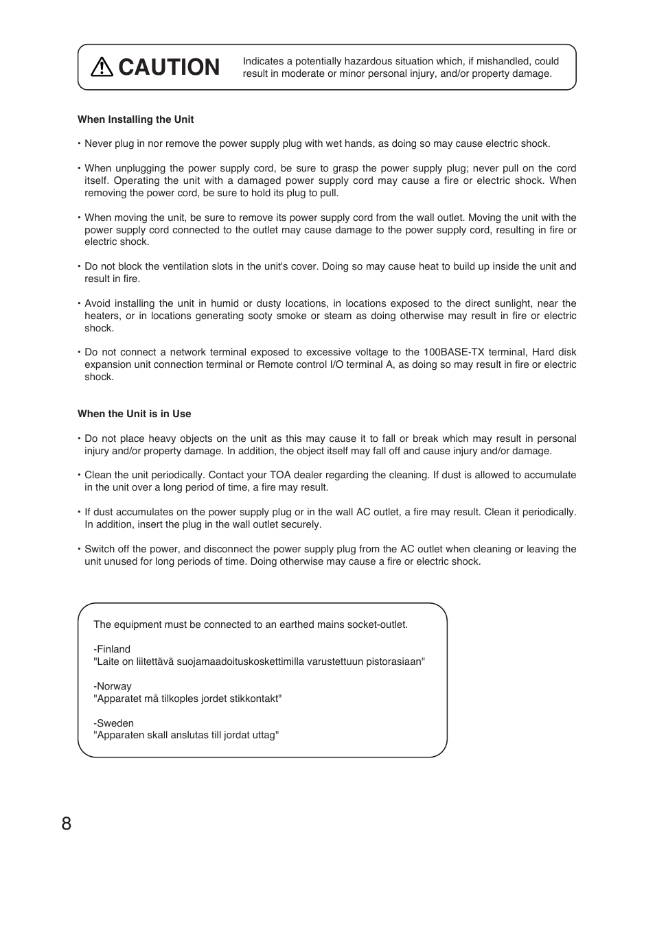 Caution | TOA Electronics C-DR161 CU Series User Manual | Page 8 / 130