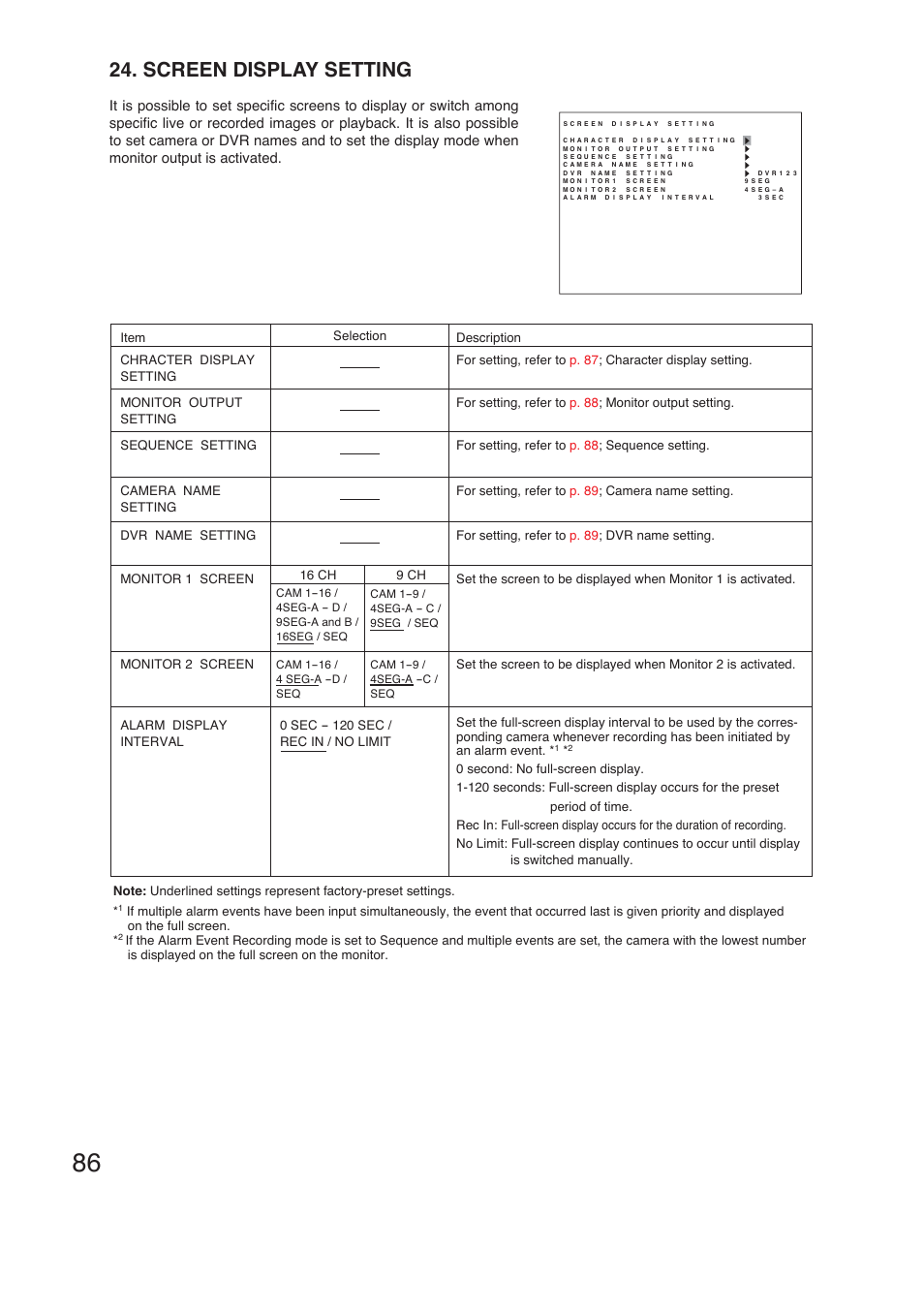 Screen display setting | TOA Electronics C-DR161 CU Series User Manual | Page 86 / 130