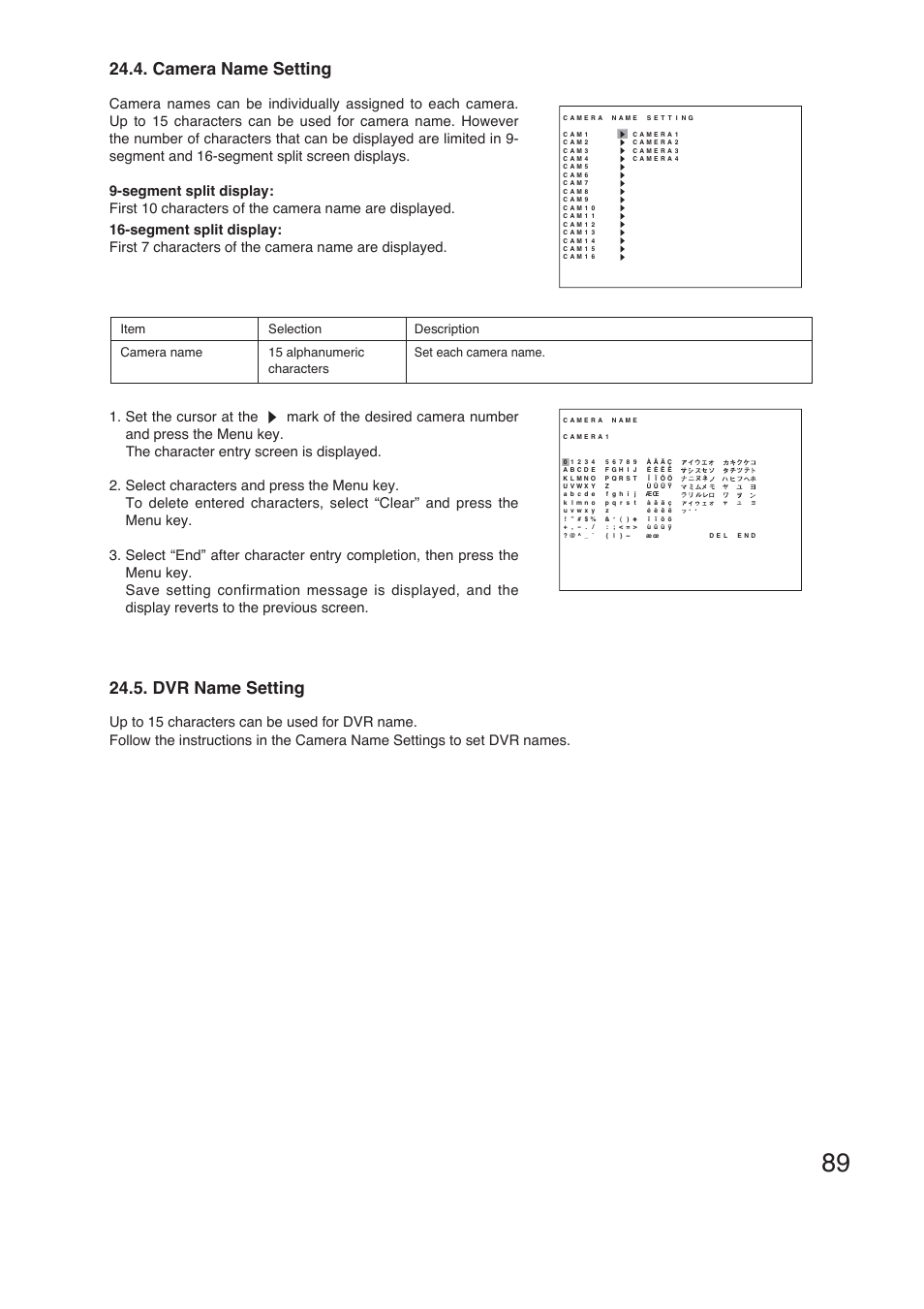 Dvr name setting, Camera name setting | TOA Electronics C-DR161 CU Series User Manual | Page 89 / 130