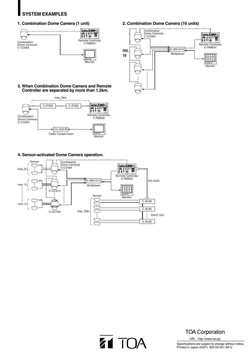 Toa corporation, System examples, Combination dome camera (1 unit) | Combination dome camera (16 units), Sensor-activated dome camera operation | TOA Electronics C-CC764 User Manual | Page 12 / 12