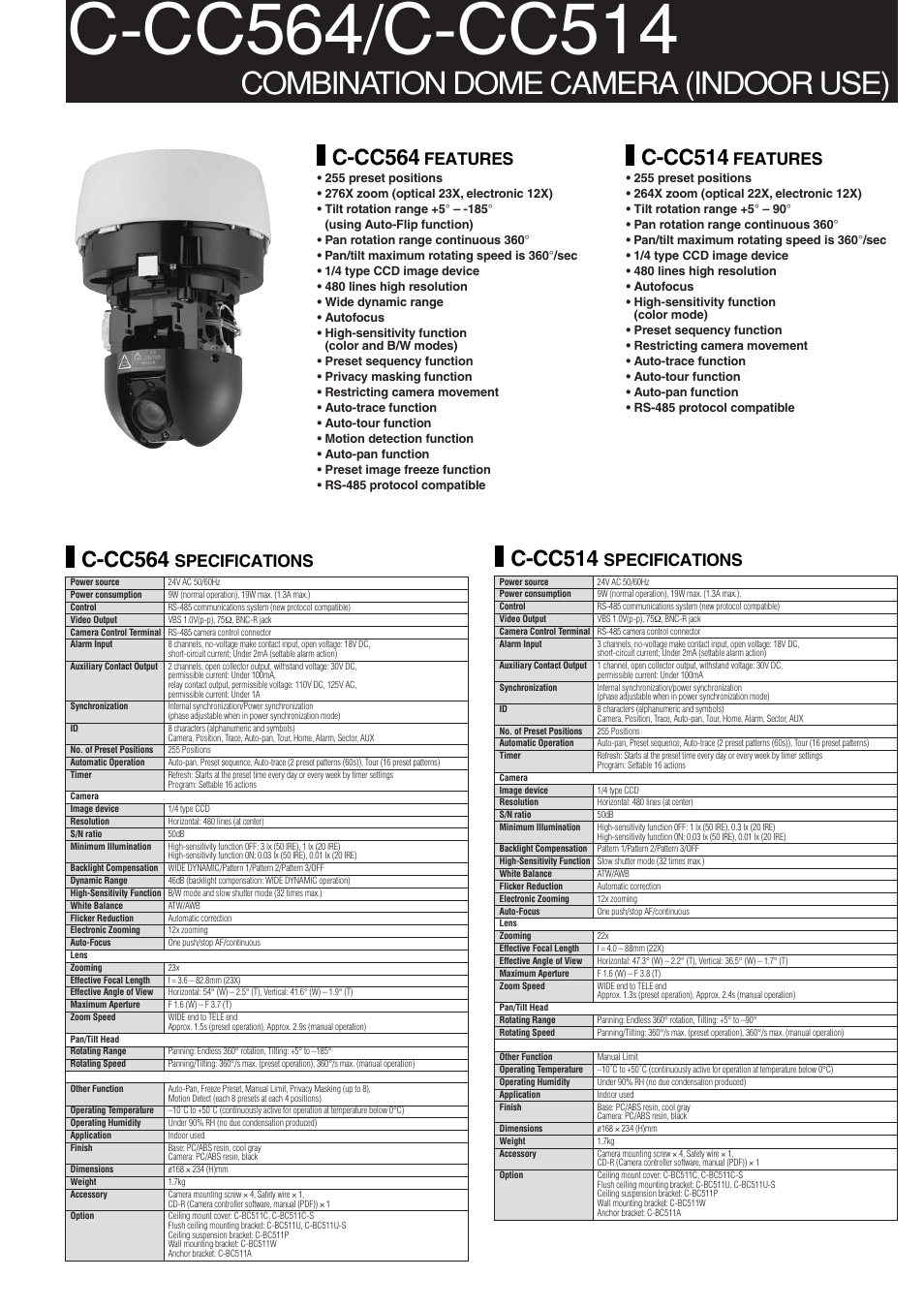 Combination dome camera (indoor use), C-cc514, C-cc564 | Specifications, Features | TOA Electronics C-CC764 User Manual | Page 5 / 12