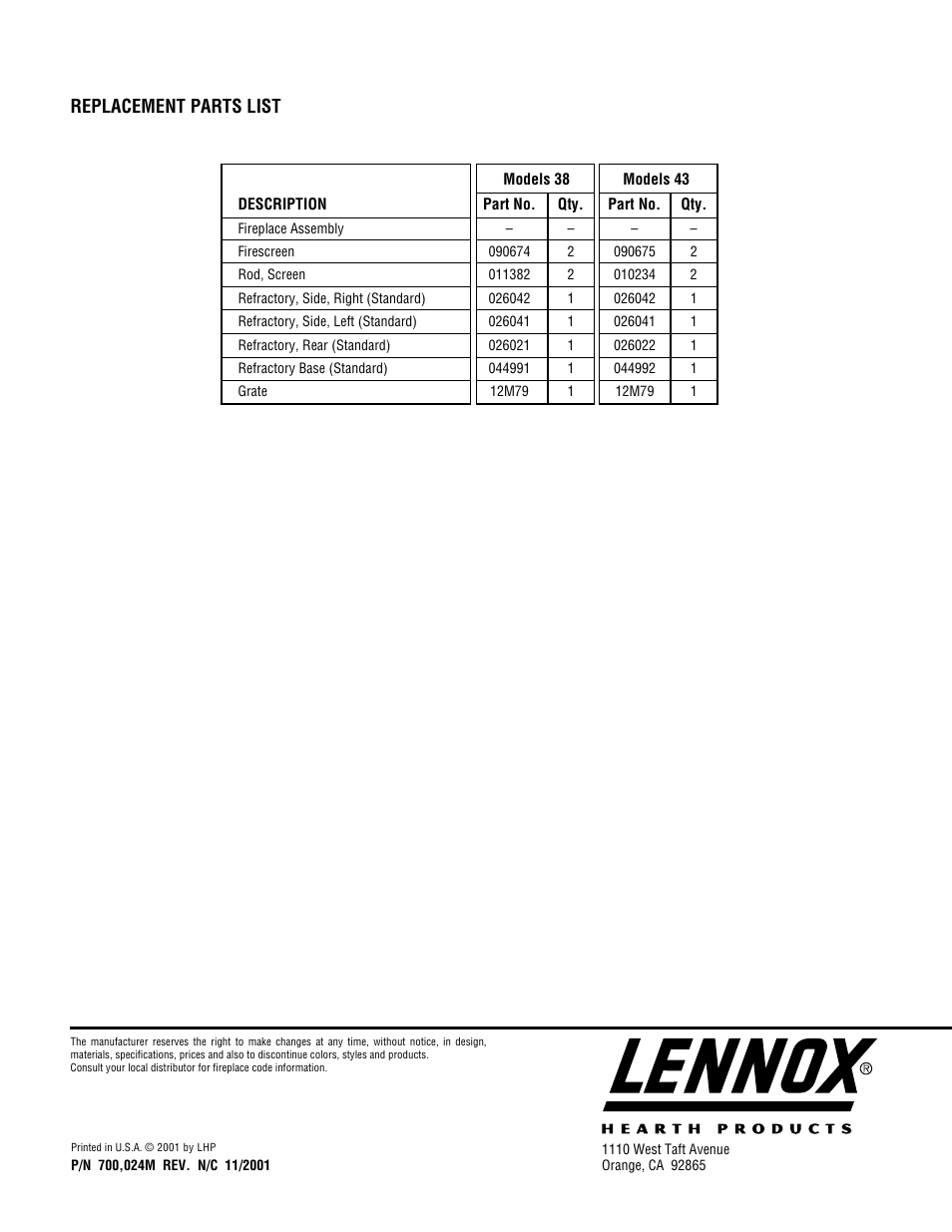 Replacement parts list | TOA Electronics BCF-3885 User Manual | Page 8 / 8