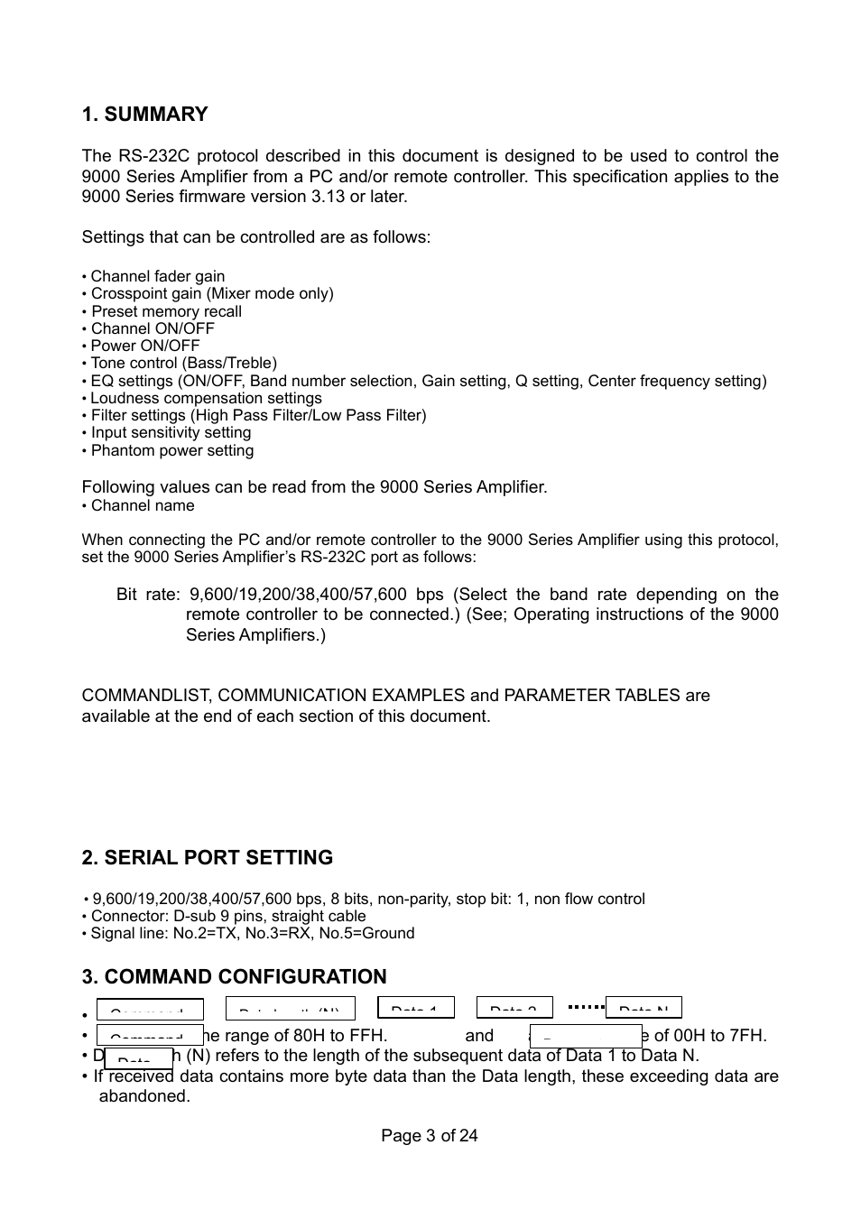 Summary, Serial port setting, Command configuration | TOA Electronics RS-232C User Manual | Page 3 / 24