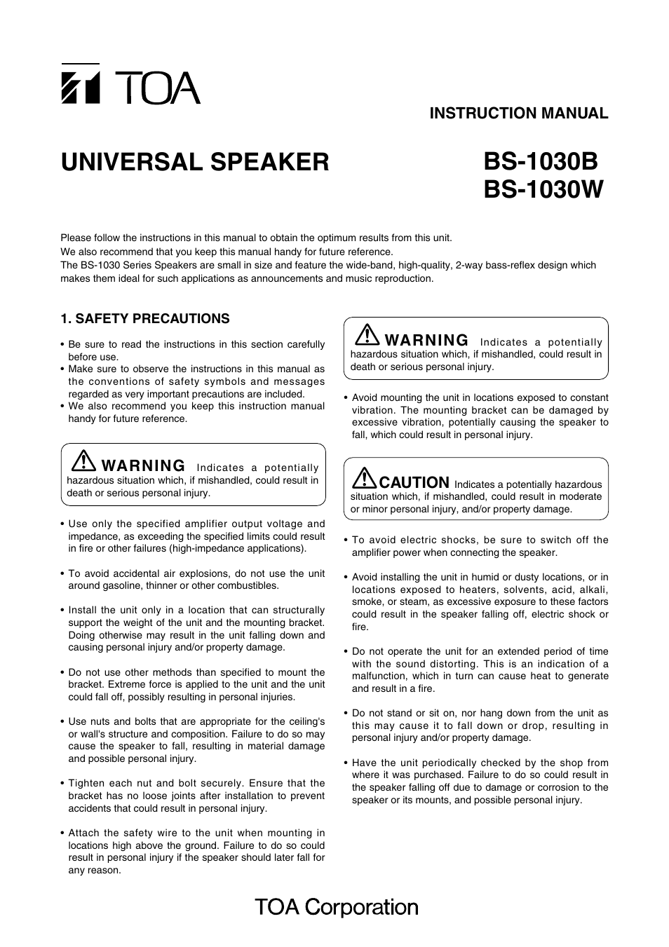 TOA Electronics BS-1030W User Manual | 4 pages