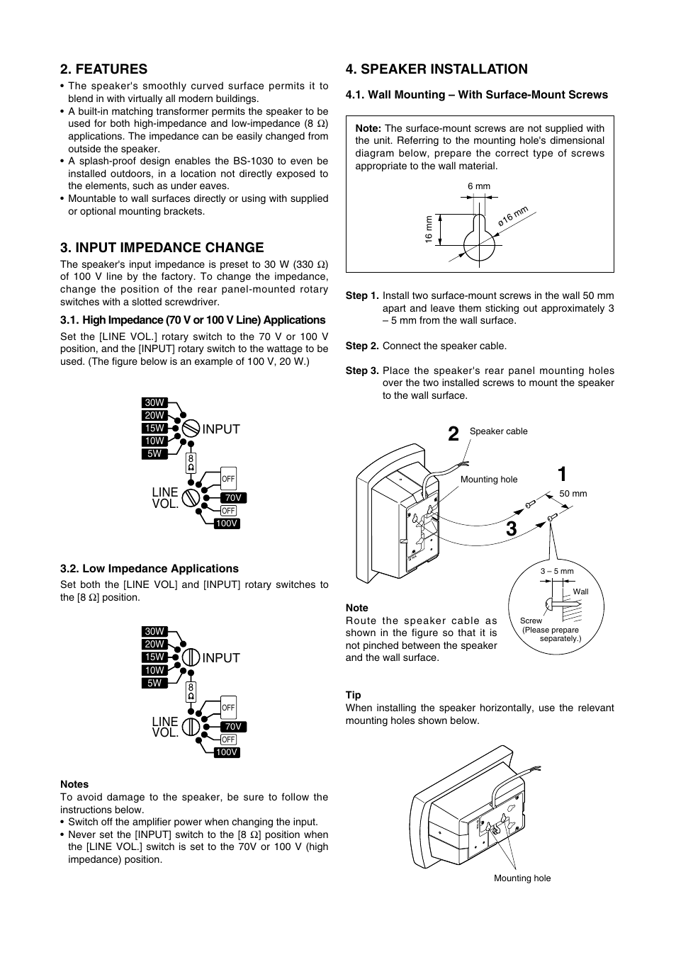 Features, Input impedance change, Speaker installation | TOA Electronics BS-1030W User Manual | Page 2 / 4