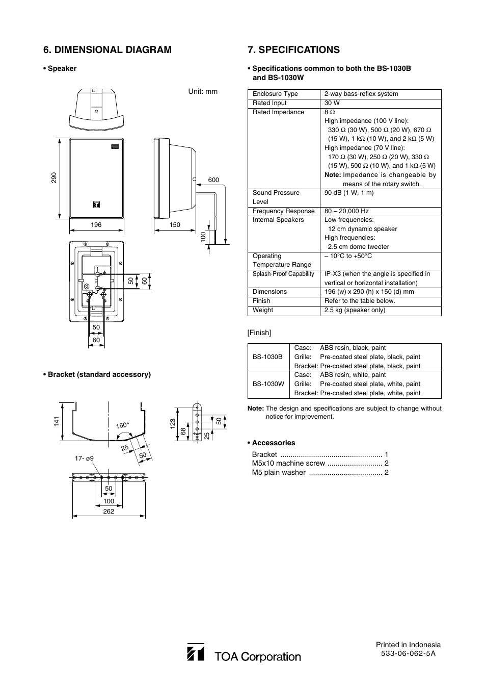 Dimensional diagram, Specifications | TOA Electronics BS-1030W User Manual | Page 4 / 4