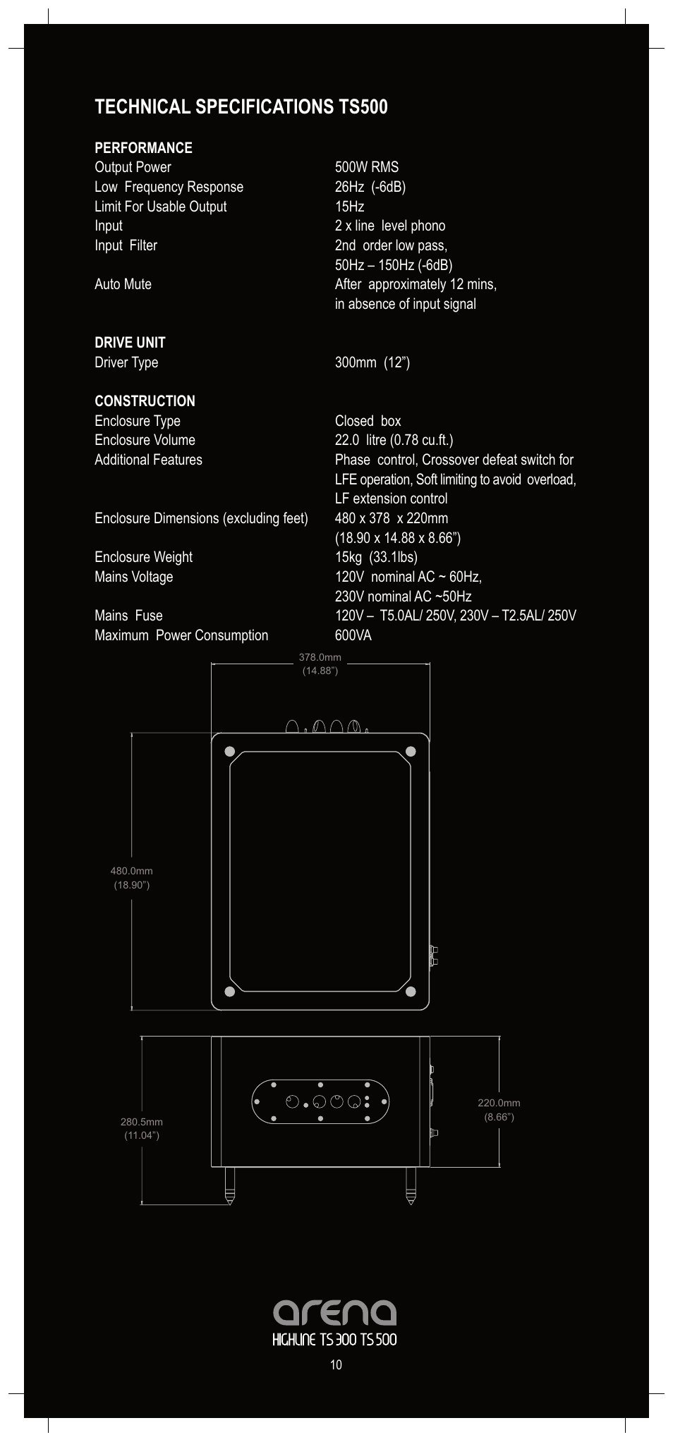 Technical specifications ts500 | TOA Electronics ARENA TS300 User Manual | Page 10 / 12