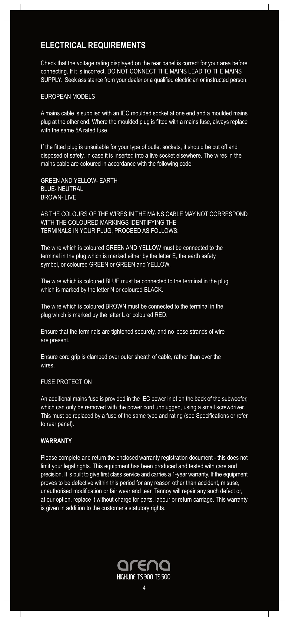 Electrical requirements | TOA Electronics ARENA TS300 User Manual | Page 4 / 12