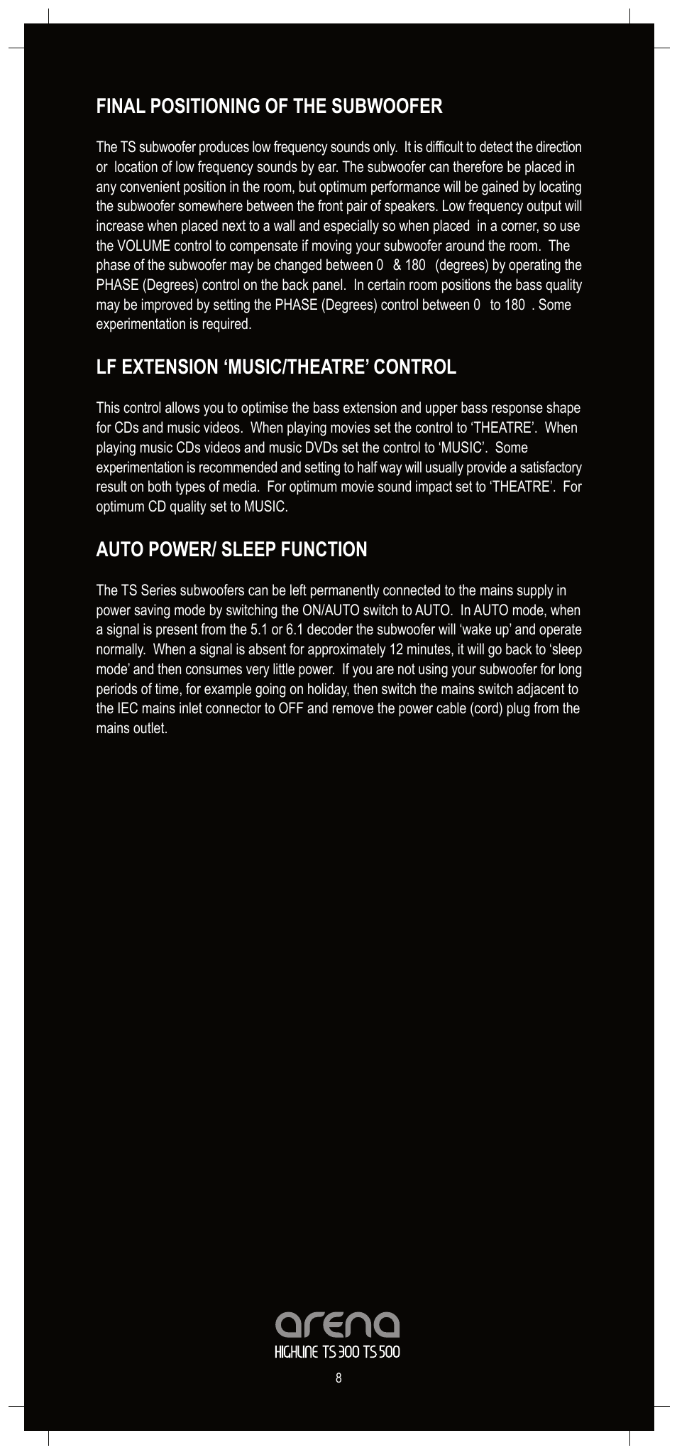 Final positioning of the subwoofer, Lf extension ‘music/theatre’ control, Auto power/ sleep function | TOA Electronics ARENA TS300 User Manual | Page 8 / 12