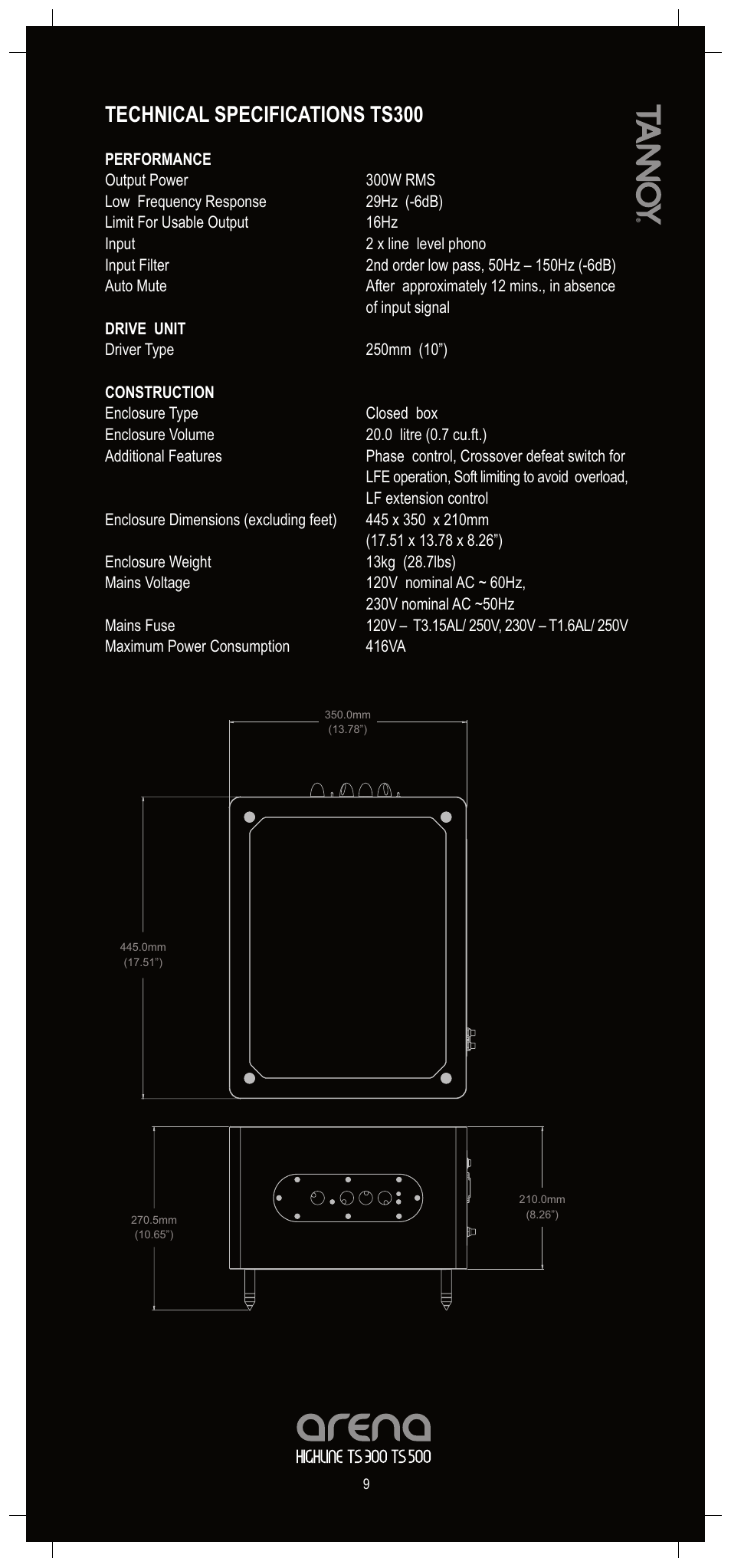 Technical specifications ts300 | TOA Electronics ARENA TS300 User Manual | Page 9 / 12