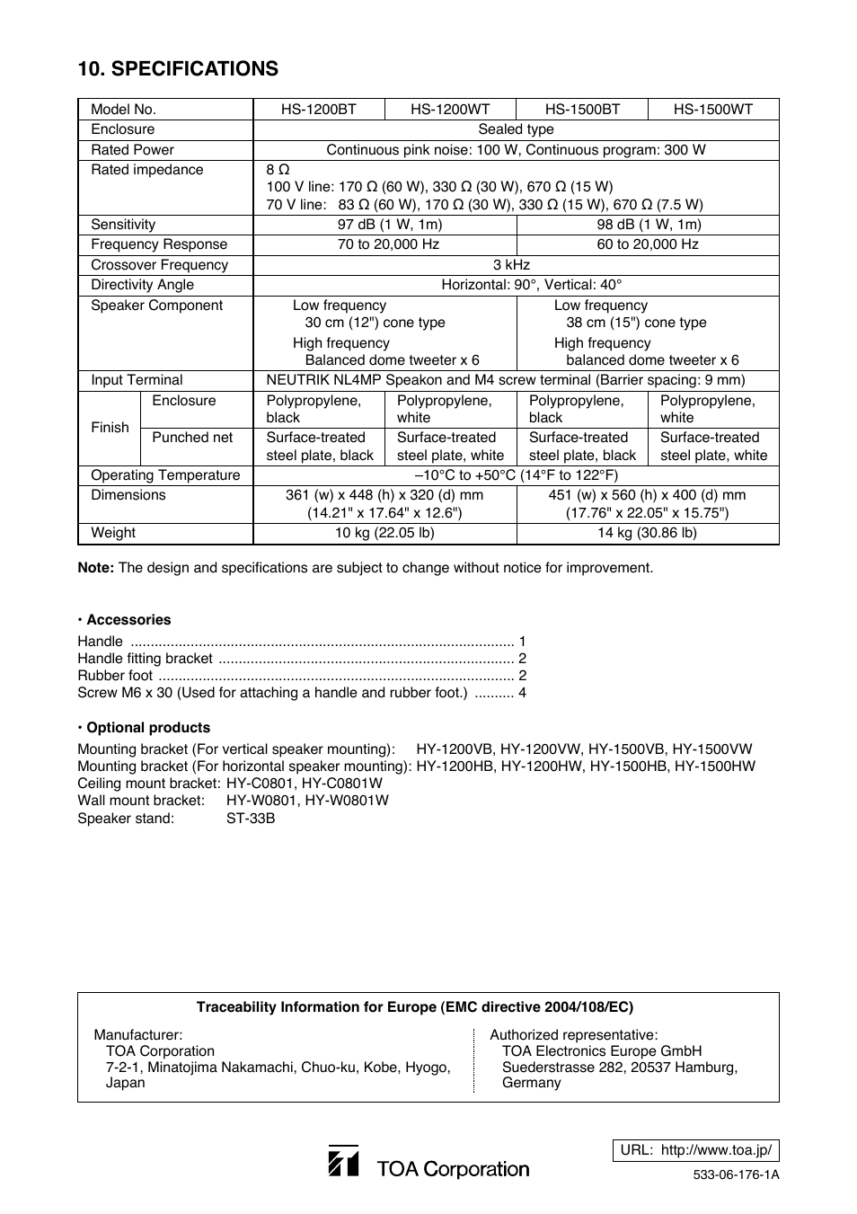 Specifications | TOA Electronics HS-1500WT User Manual | Page 8 / 8