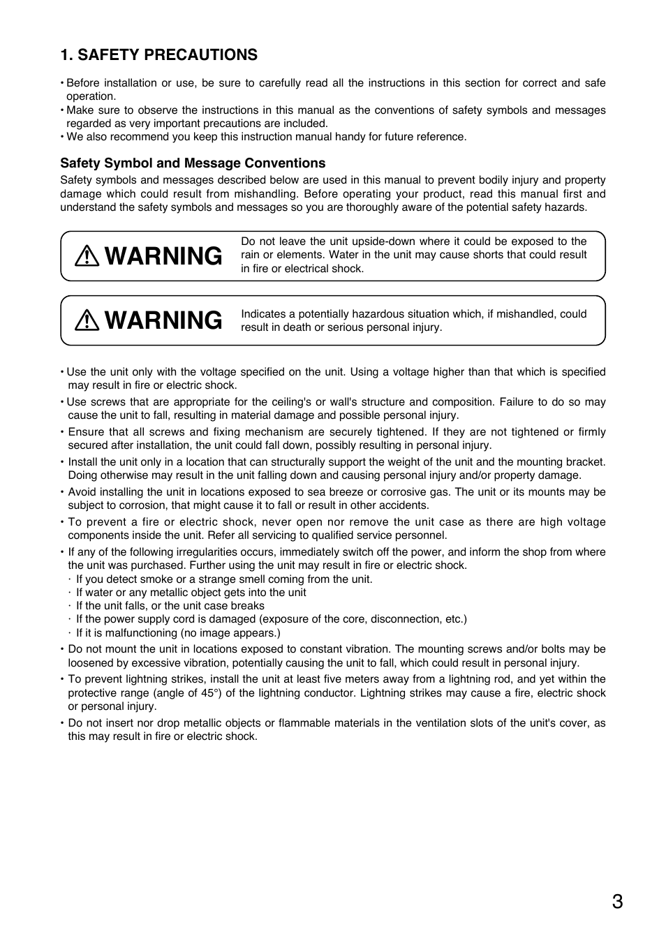 Warning, Safety precautions | TOA Electronics C-CV854D-3 CE User Manual | Page 3 / 17