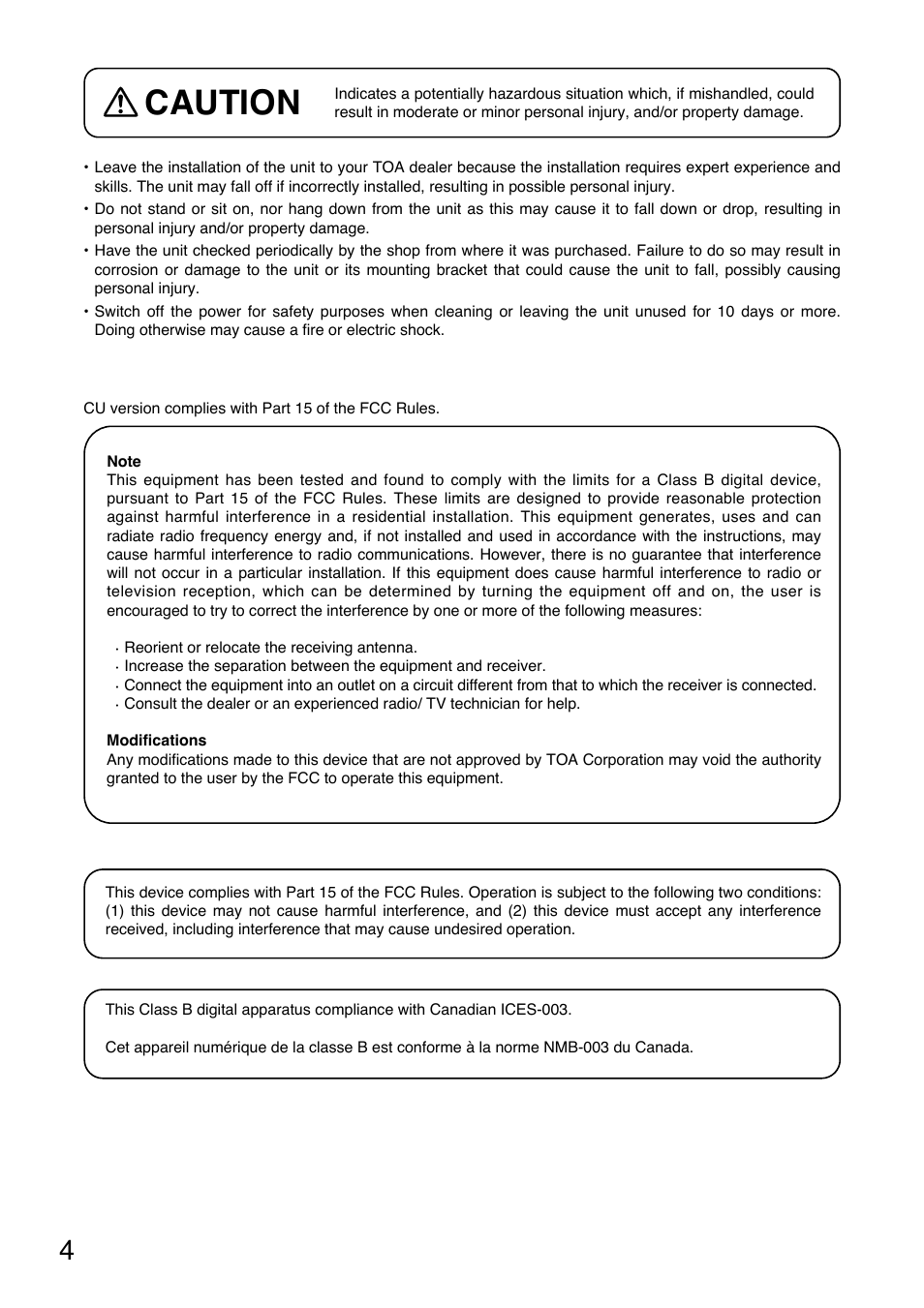 Caution | TOA Electronics C-CV854D-3 CE User Manual | Page 4 / 17