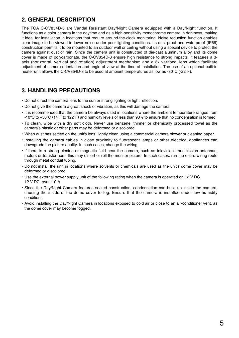 Handling precautions, General description | TOA Electronics C-CV854D-3 CE User Manual | Page 5 / 17