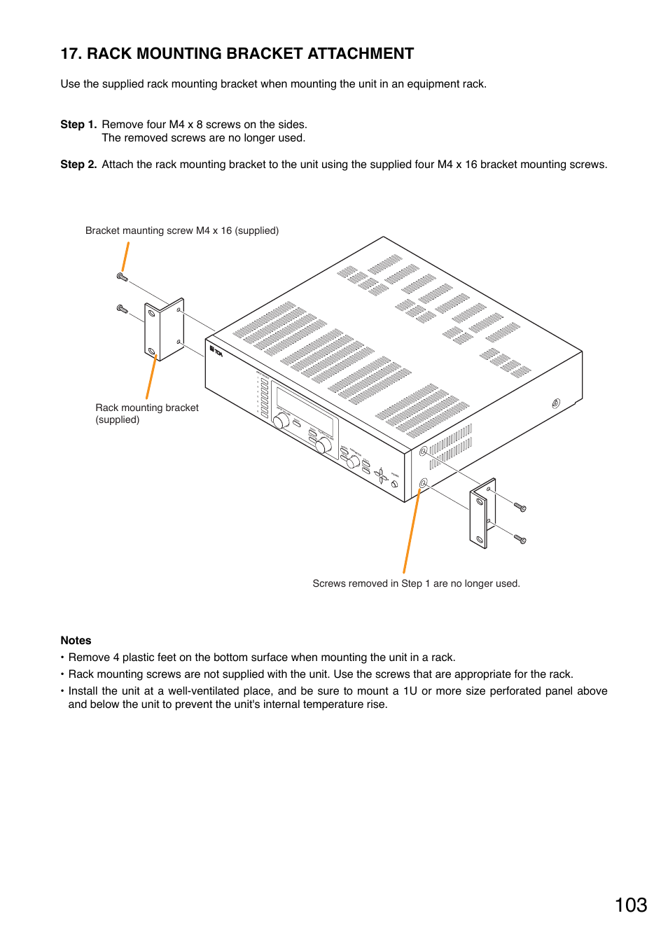 Rack mounting bracket attachment, P. 103 "rack mounting, Bracket attachment | Mount equipment in a rack. (refer to, P. 103 | TOA Electronics A-9060S User Manual | Page 103 / 142