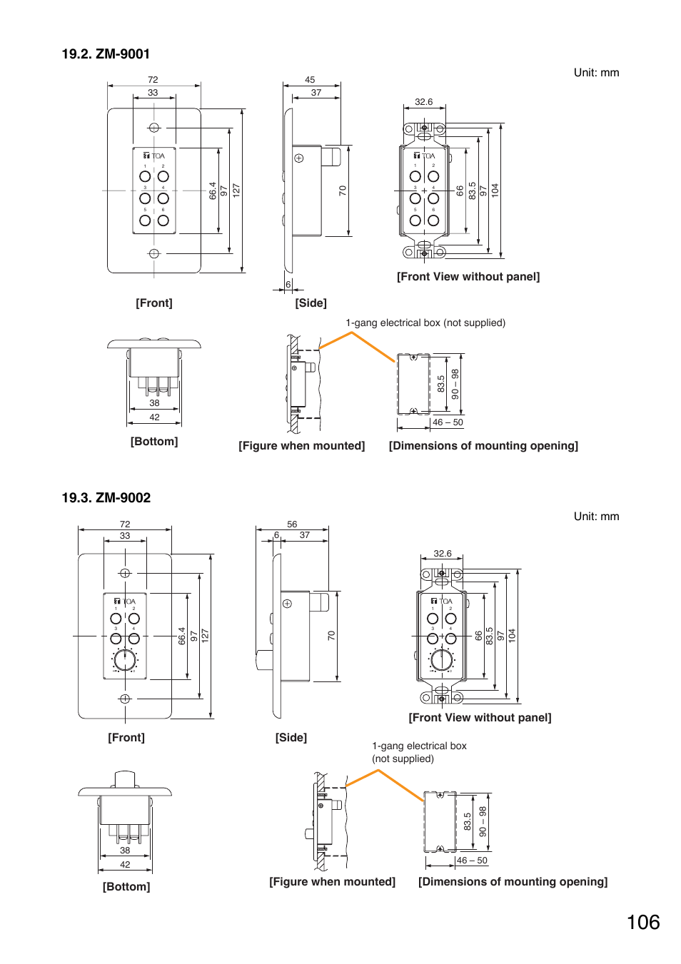 Zm-9001, Zm-9002, Unit: mm | TOA Electronics A-9060S User Manual | Page 106 / 142