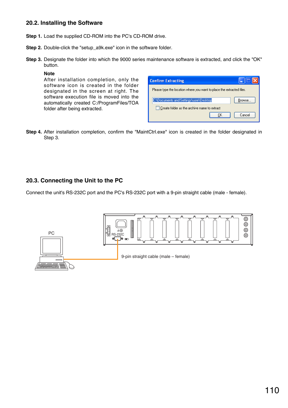 Installing the software, Connecting the unit to the pc | TOA Electronics A-9060S User Manual | Page 110 / 142