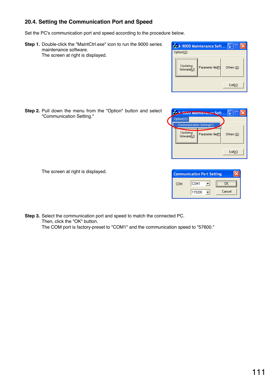 Setting the communication port and speed | TOA Electronics A-9060S User Manual | Page 111 / 142