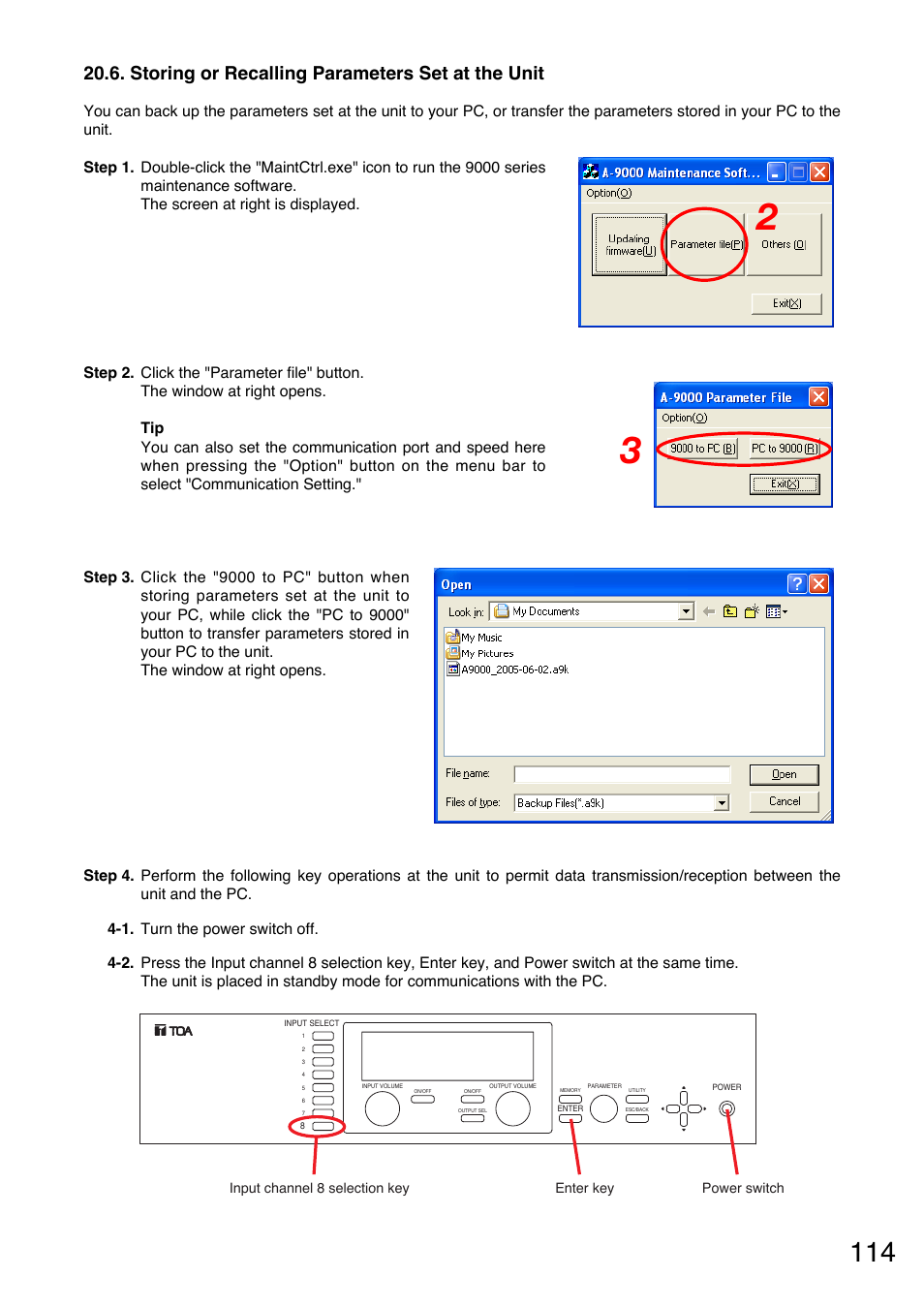 Storing or recalling parameters set at the unit | TOA Electronics A-9060S User Manual | Page 114 / 142