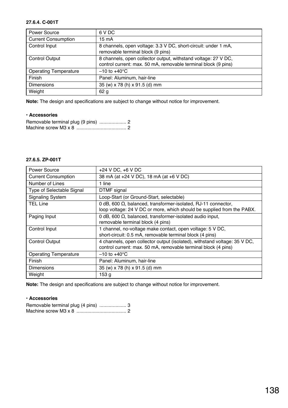 C-001t, Zp-001t | TOA Electronics A-9060S User Manual | Page 138 / 142
