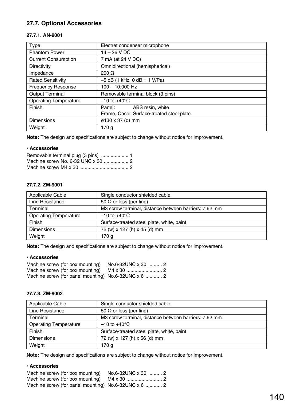Optional accessories, An-9001, Zm-9001 | Zm-9002 | TOA Electronics A-9060S User Manual | Page 140 / 142