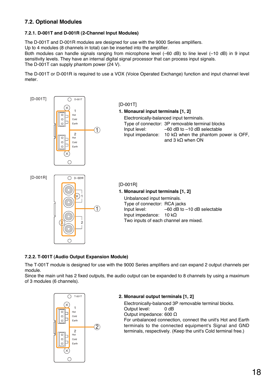 Optional modules, D-001t and d-001r (2-channel input modules), T-001t (audio output expansion module) | TOA Electronics A-9060S User Manual | Page 18 / 142