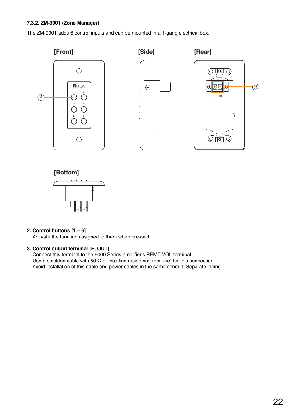 Zm-9001 (zone manager), Front] [rear] [side] [bottom | TOA Electronics A-9060S User Manual | Page 22 / 142