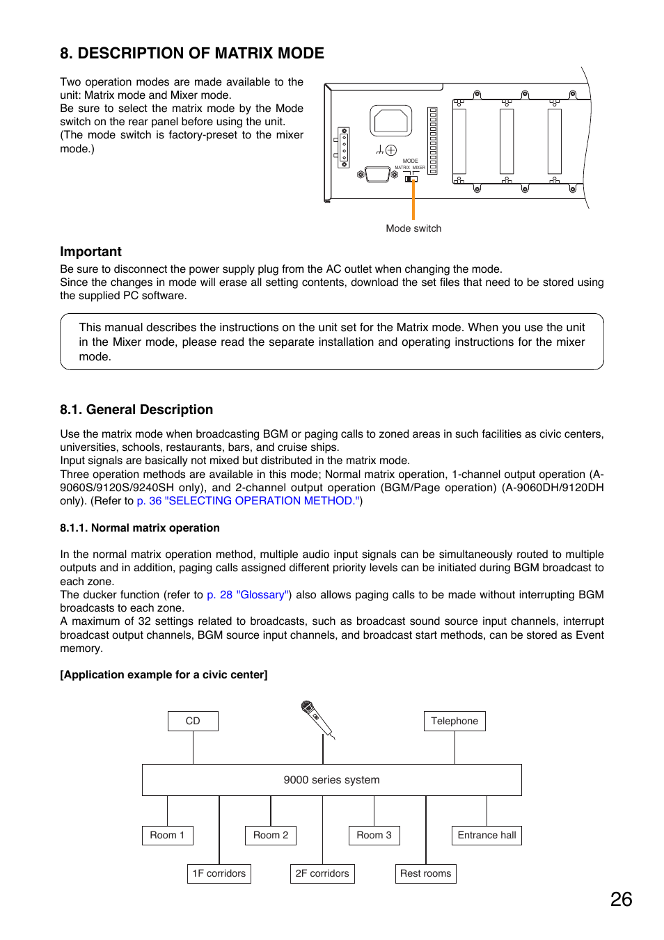 Description of matrix mode, General description, Normal matrix operation | Important | TOA Electronics A-9060S User Manual | Page 26 / 142