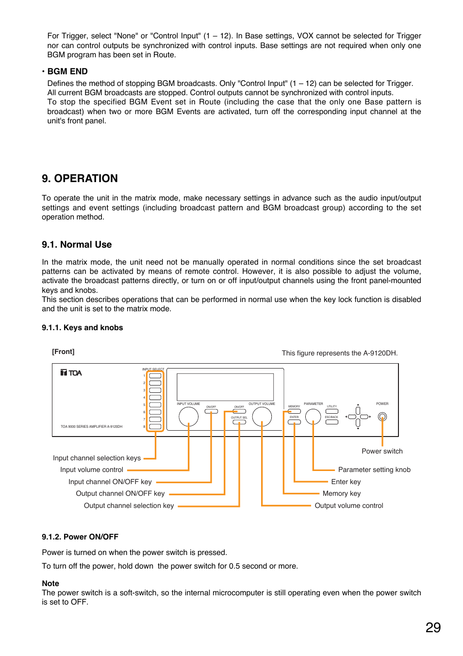 Operation, Normal use, Keys and knobs | Power on/off, Bgm end | TOA Electronics A-9060S User Manual | Page 29 / 142