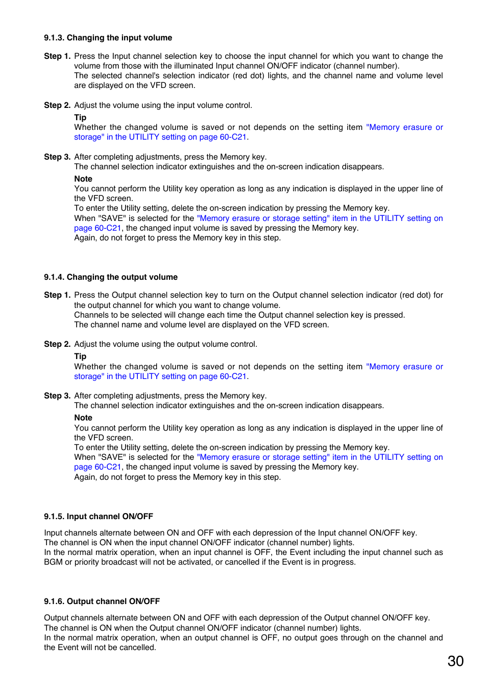 Changing the input volume, Changing the output volume, Input channel on/off | Output channel on/off | TOA Electronics A-9060S User Manual | Page 30 / 142