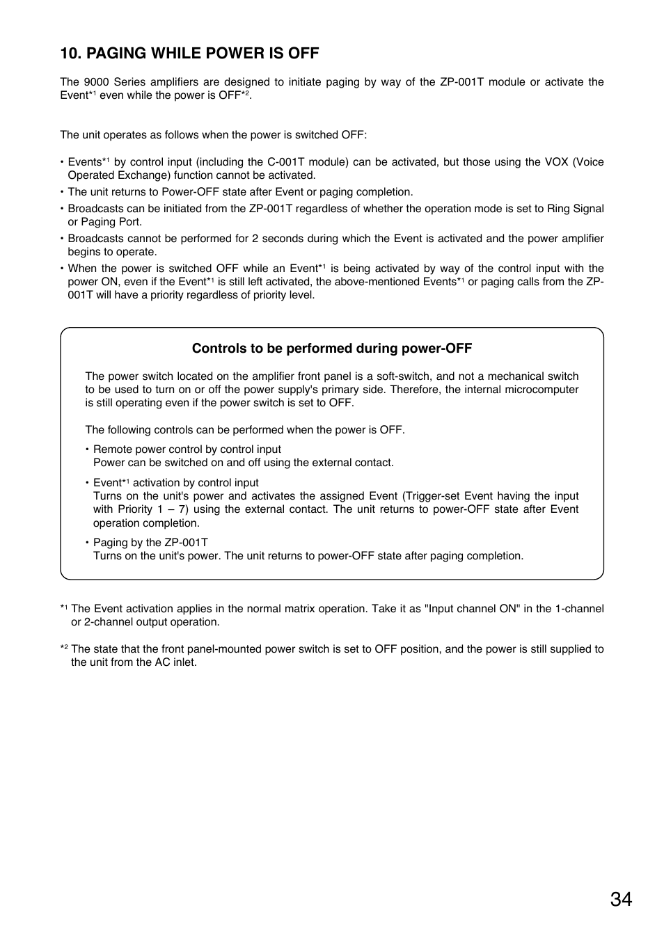 Paging while power is off, Controls to be performed during power-off | TOA Electronics A-9060S User Manual | Page 34 / 142