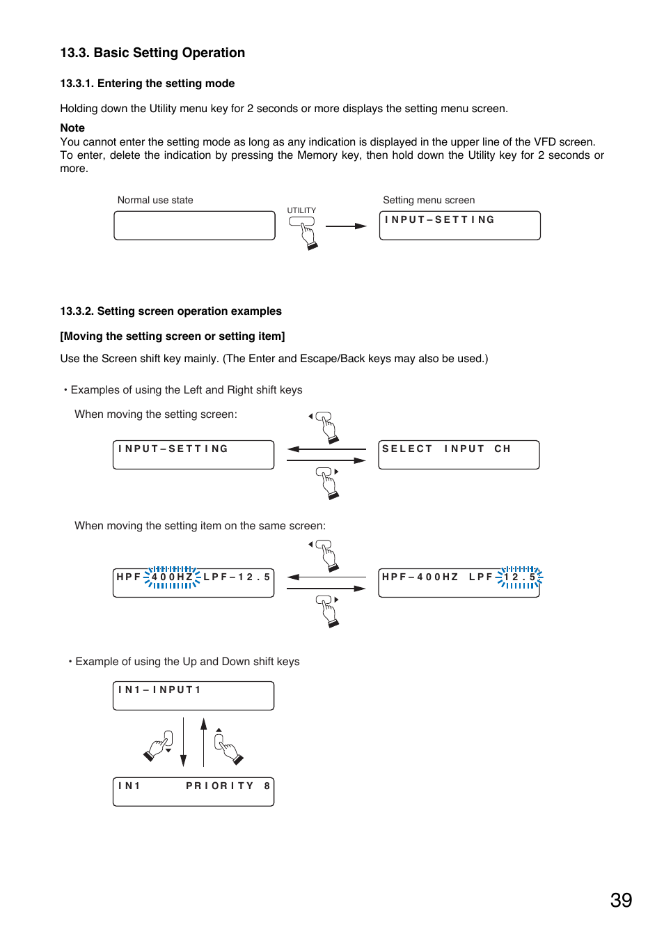 Basic setting operation, Entering the setting mode, Setting screen operation examples | TOA Electronics A-9060S User Manual | Page 39 / 142
