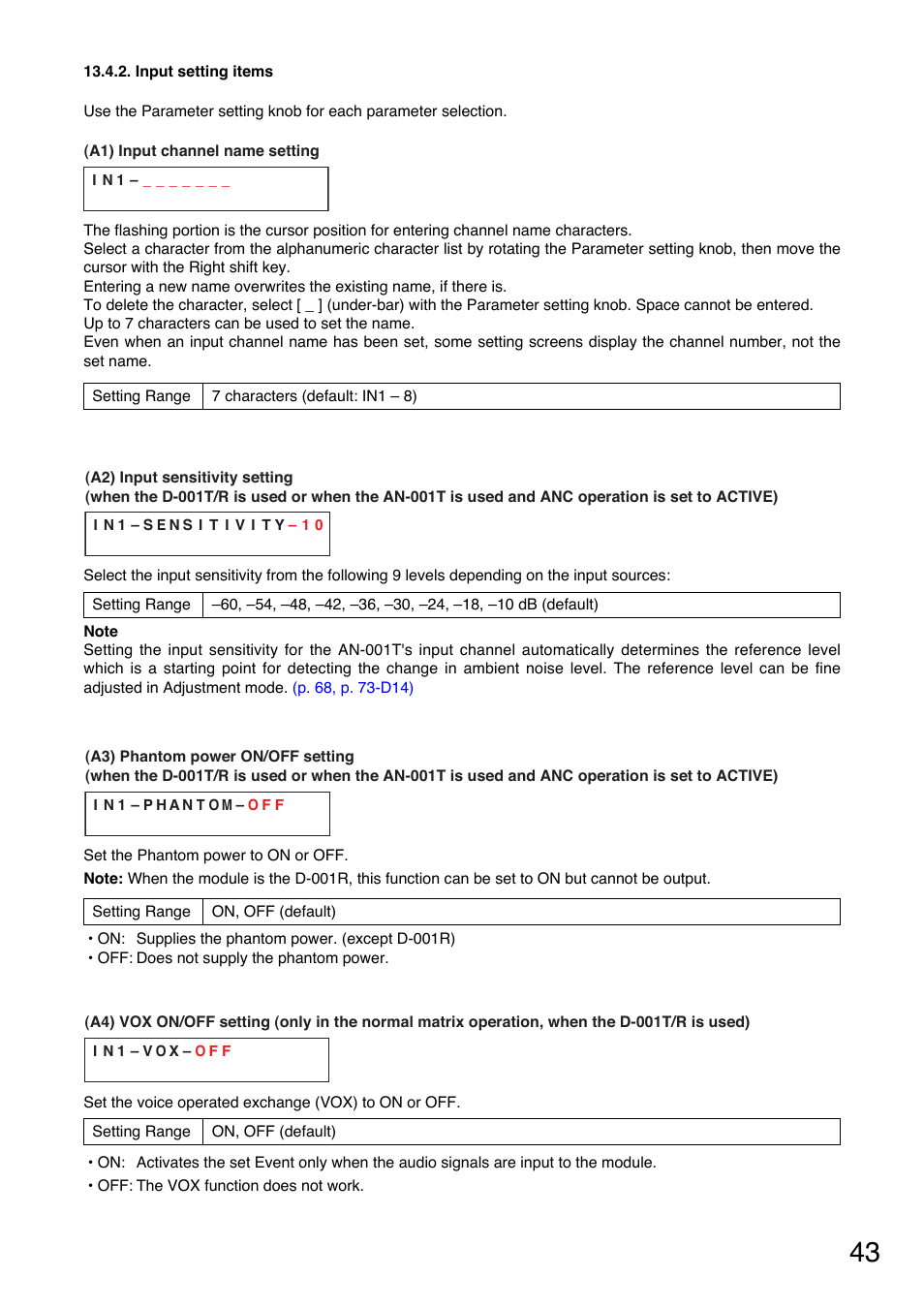 Input setting items | TOA Electronics A-9060S User Manual | Page 43 / 142