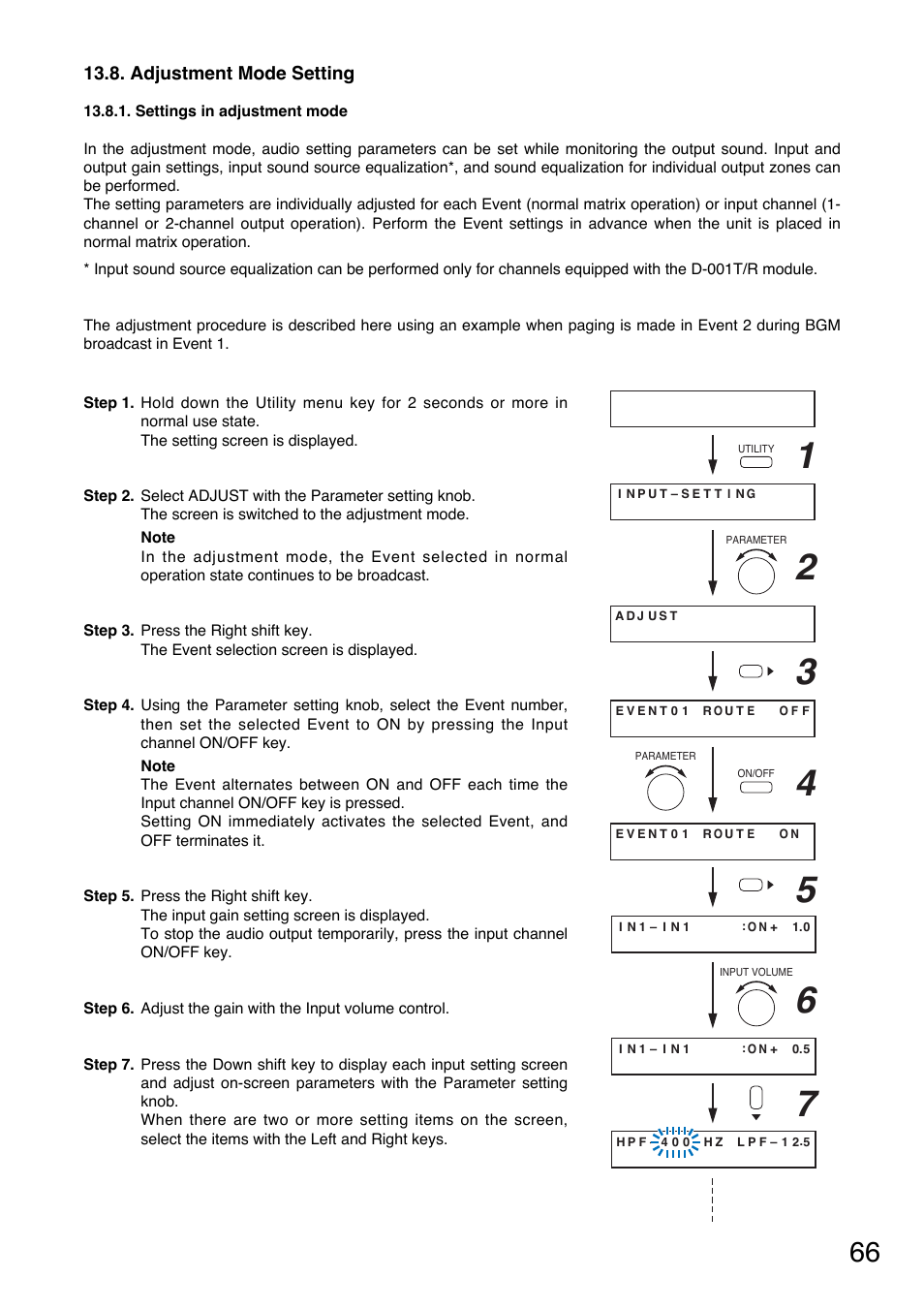Adjustment mode setting, Settings in adjustment mode, P. 66 | TOA Electronics A-9060S User Manual | Page 66 / 142