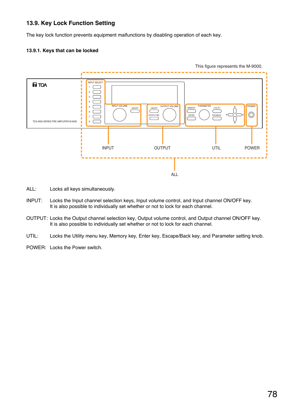 Key lock function setting, Keys that can be locked, P. 78 "key | Lock function setting, Set the key lock function. (refer to, P. 78 | TOA Electronics A-9060S User Manual | Page 78 / 142