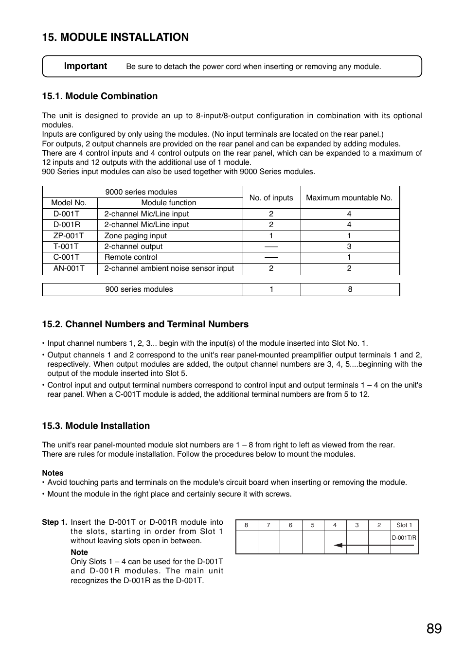 Module installation, Module combination, Channel numbers and terminal numbers | Refer to, P. 89 "module installation, Mount modules. (refer to, P. 89 | TOA Electronics A-9060S User Manual | Page 89 / 142