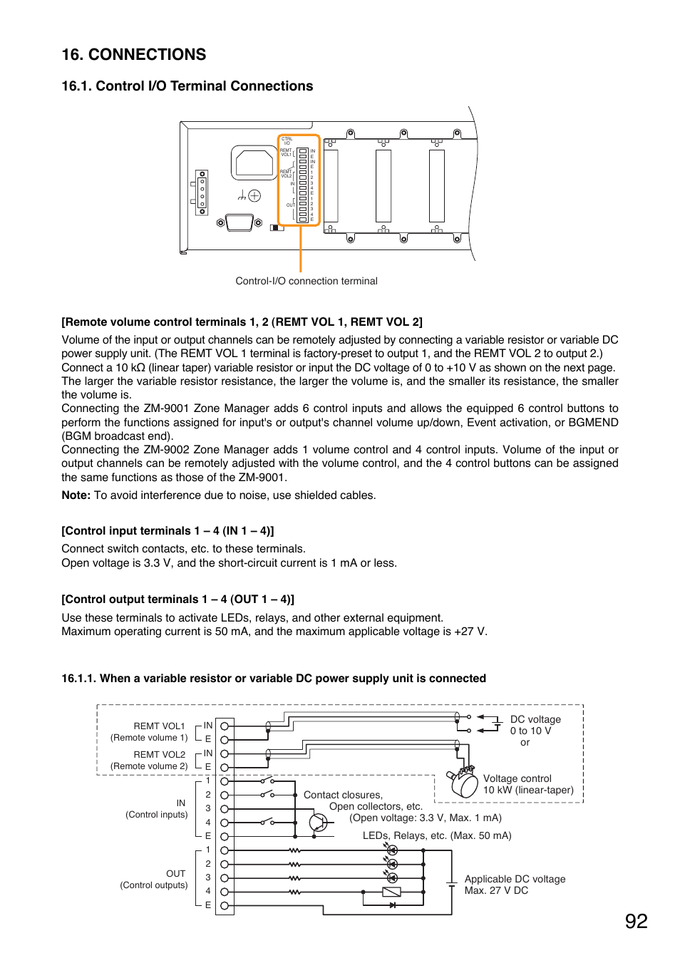 Connections, Control i/o terminal connections, Perform connections. (refer to | P. 92 | TOA Electronics A-9060S User Manual | Page 92 / 142