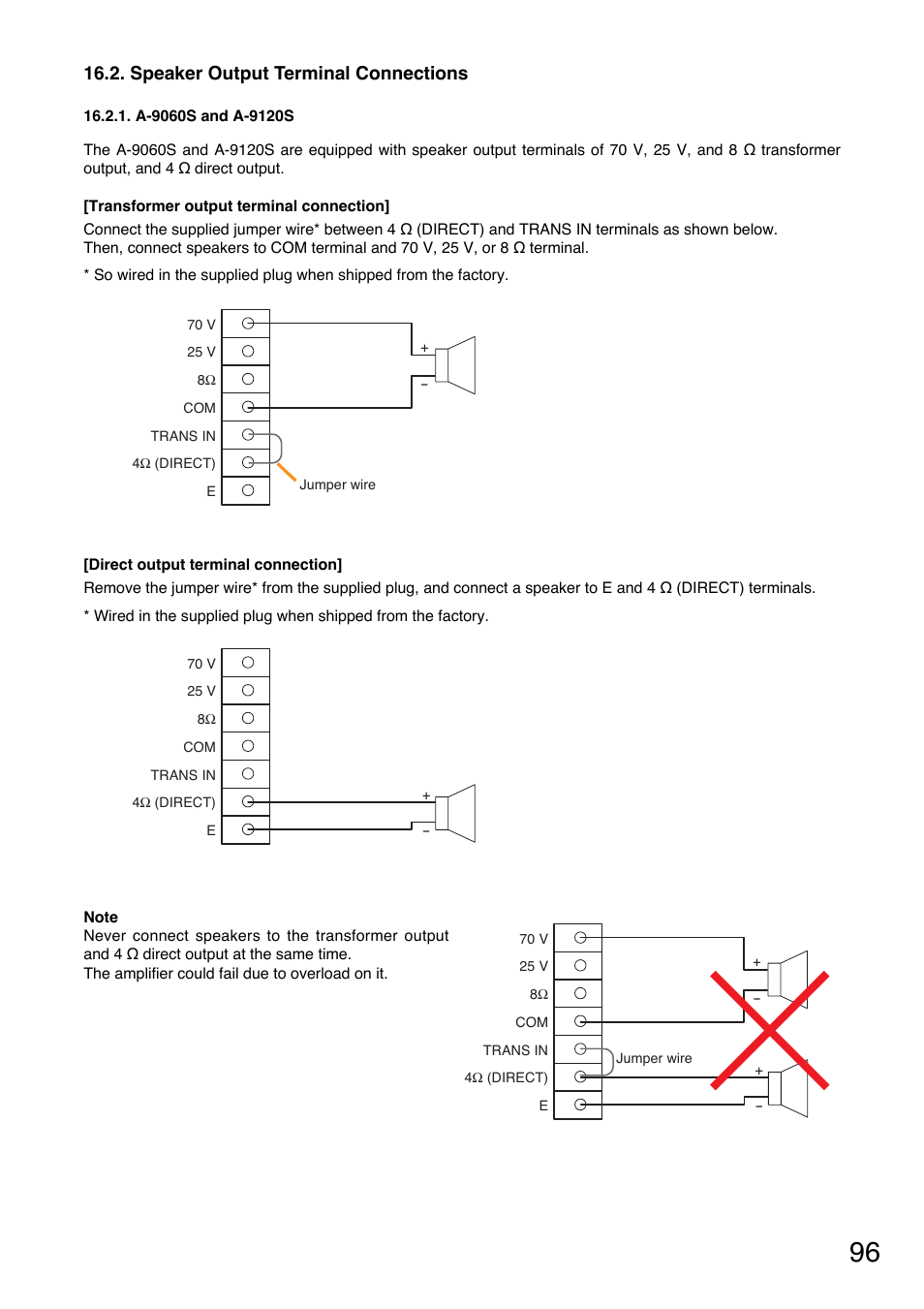 Speaker output terminal connections, A-9060s and a-9120s, Refer to | P. 96 "speaker output terminal, Connections | TOA Electronics A-9060S User Manual | Page 96 / 142