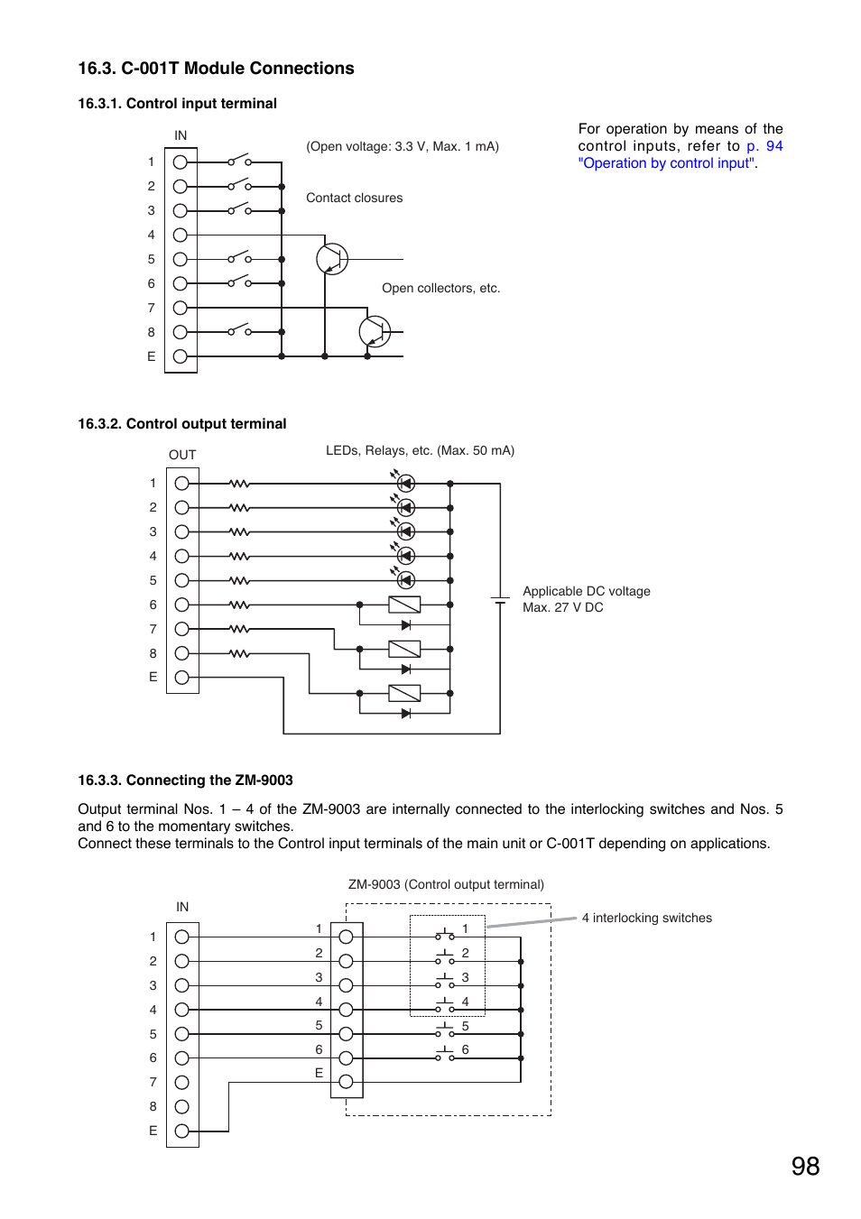 C-001t module connections, Control input terminal, Control output terminal | Connecting the zm-9003 | TOA Electronics A-9060S User Manual | Page 98 / 142